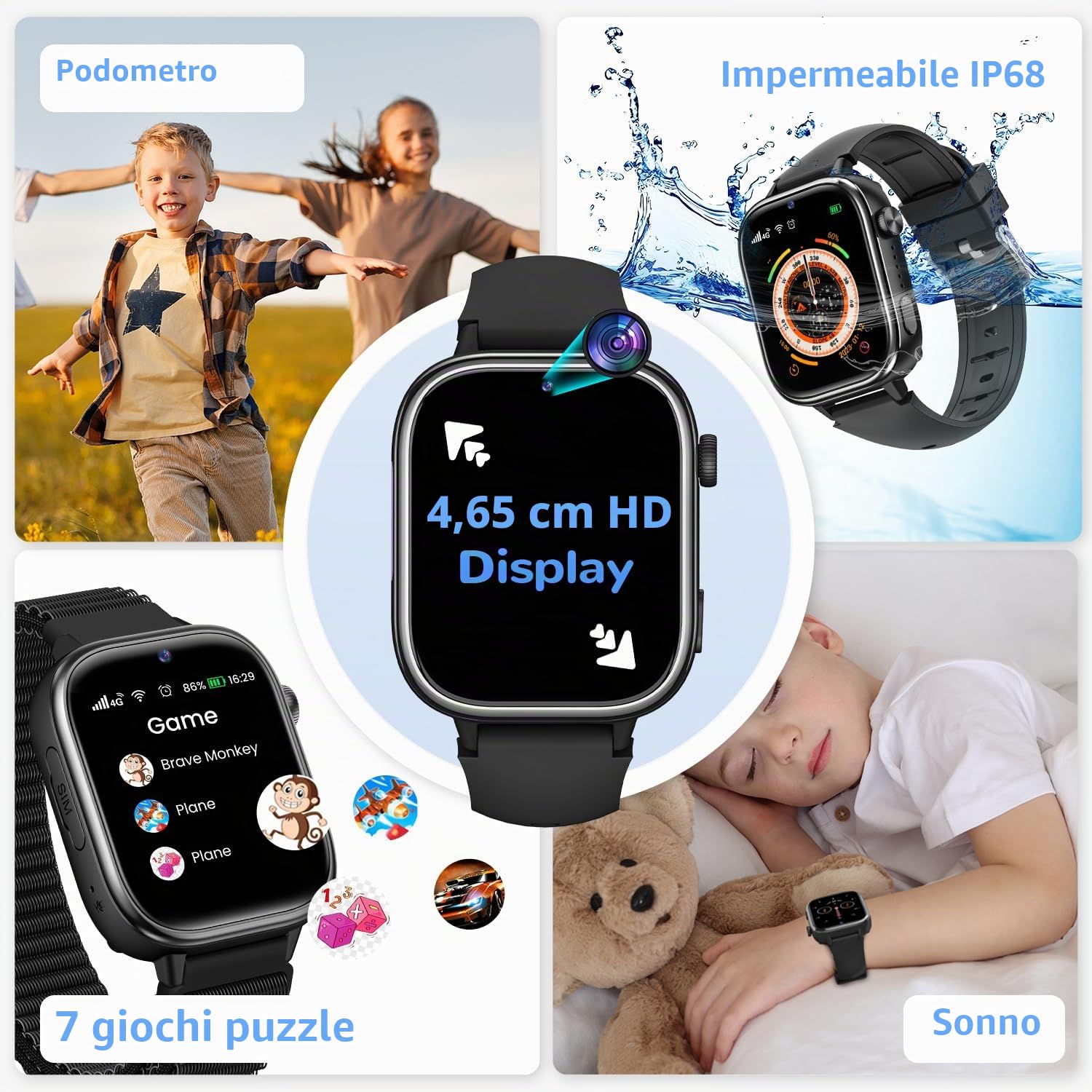 4G Smartwatch Bambini, Orologio Smartwatch Bambini con GPS, Videochiamate, Chat Vocale, SOS, modalità Scuola, Contapassi, Sveglia, Giochi, Smart Watch Regalo per Ragazzi e Ragazze, Nero