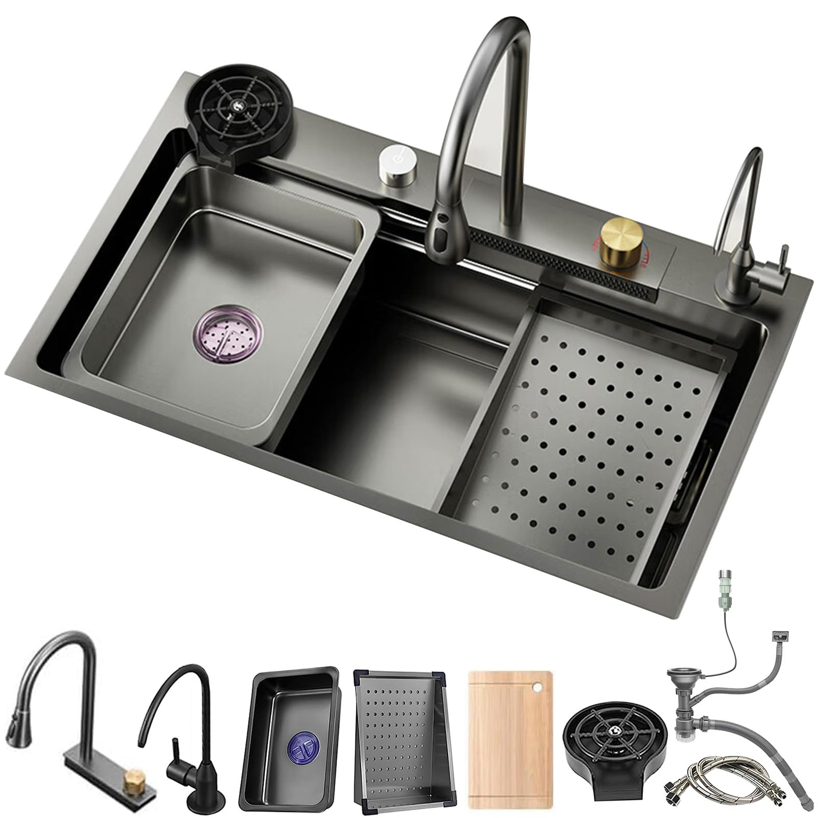 WIQUYBML Single Bowl Waterfall Kitchen Sink, Multifunctional Smart Workstation with Faucet, Grey Black Farmhouse Sink Cup Rinser & 4 Spray Modes(B,85x50x21cm)