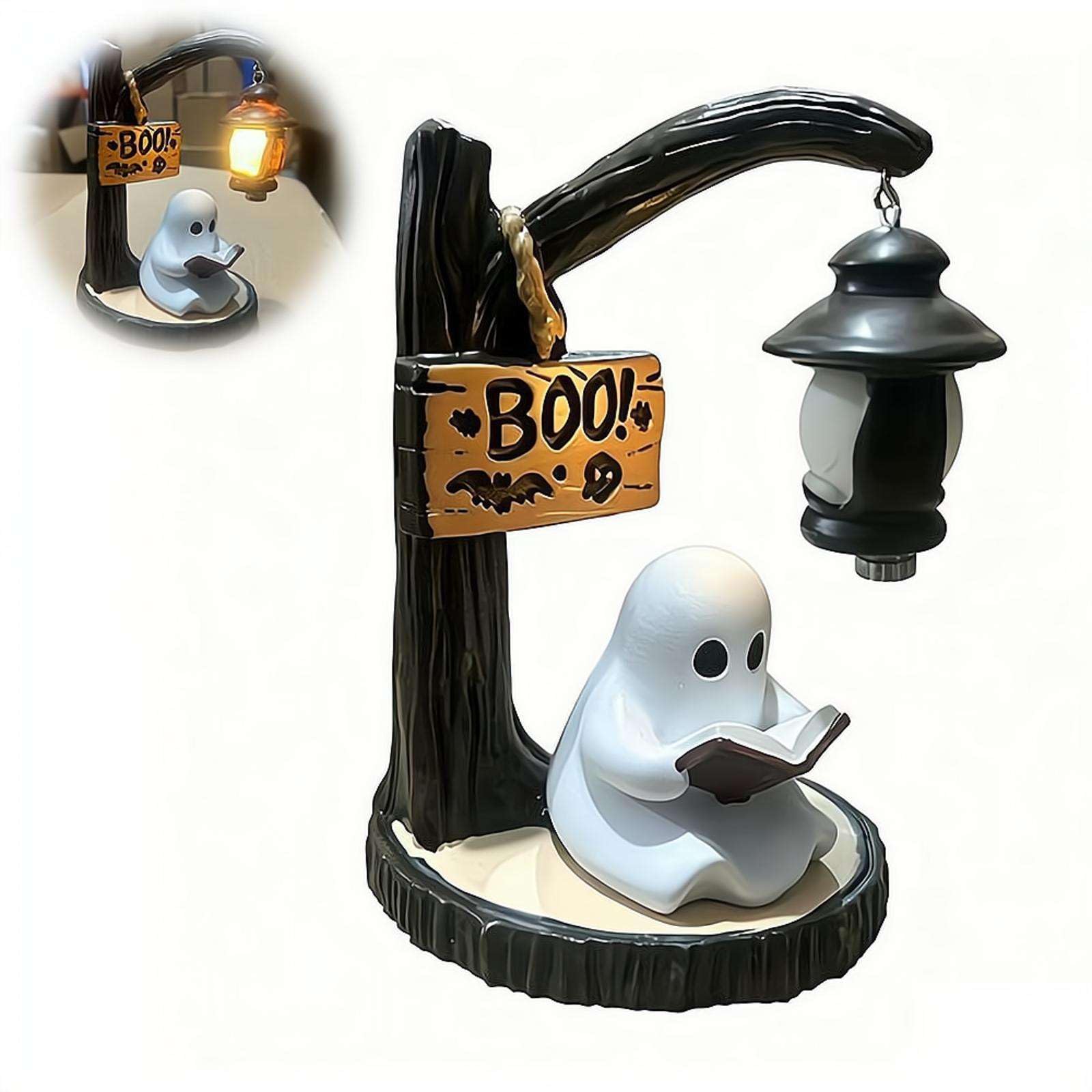 Halloween Figurine Lamps, Cute Ghost Reading Lantern - Boo, Resin, LED, Warm Glowing Spooky Figurine with Book for Halloween Shelf,Home Table Room Kitchen Office Indoor Decorations
