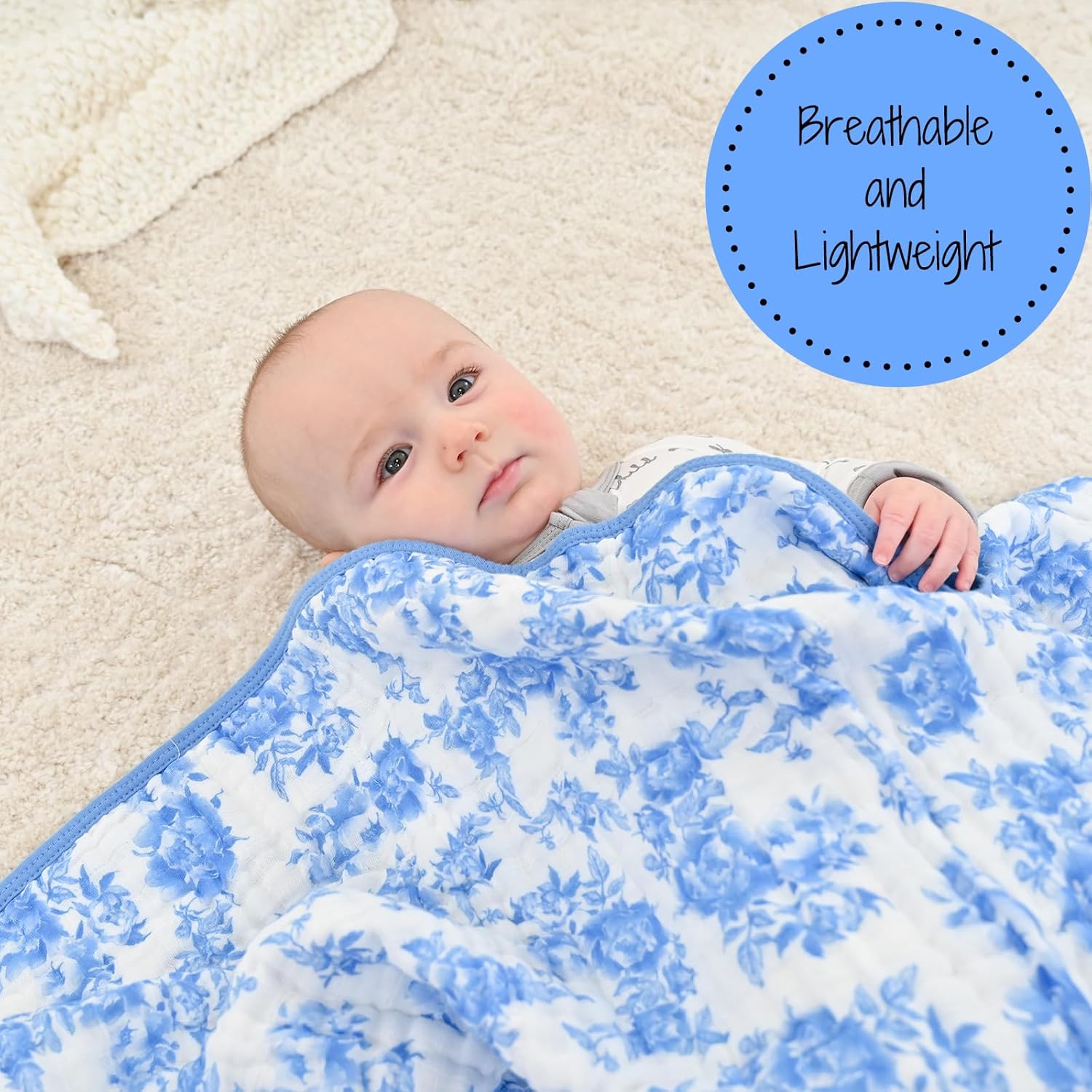 LollyBanks Muslin Baby Blanket 100% Organic Cotton, Muslin Quilt Lightweight, Muslin Blanket for Girls, 6 Layers Baby Blankets 47"x 47", Soft Nursery Receiving Blankets (Blue Peony Print) - Image 3