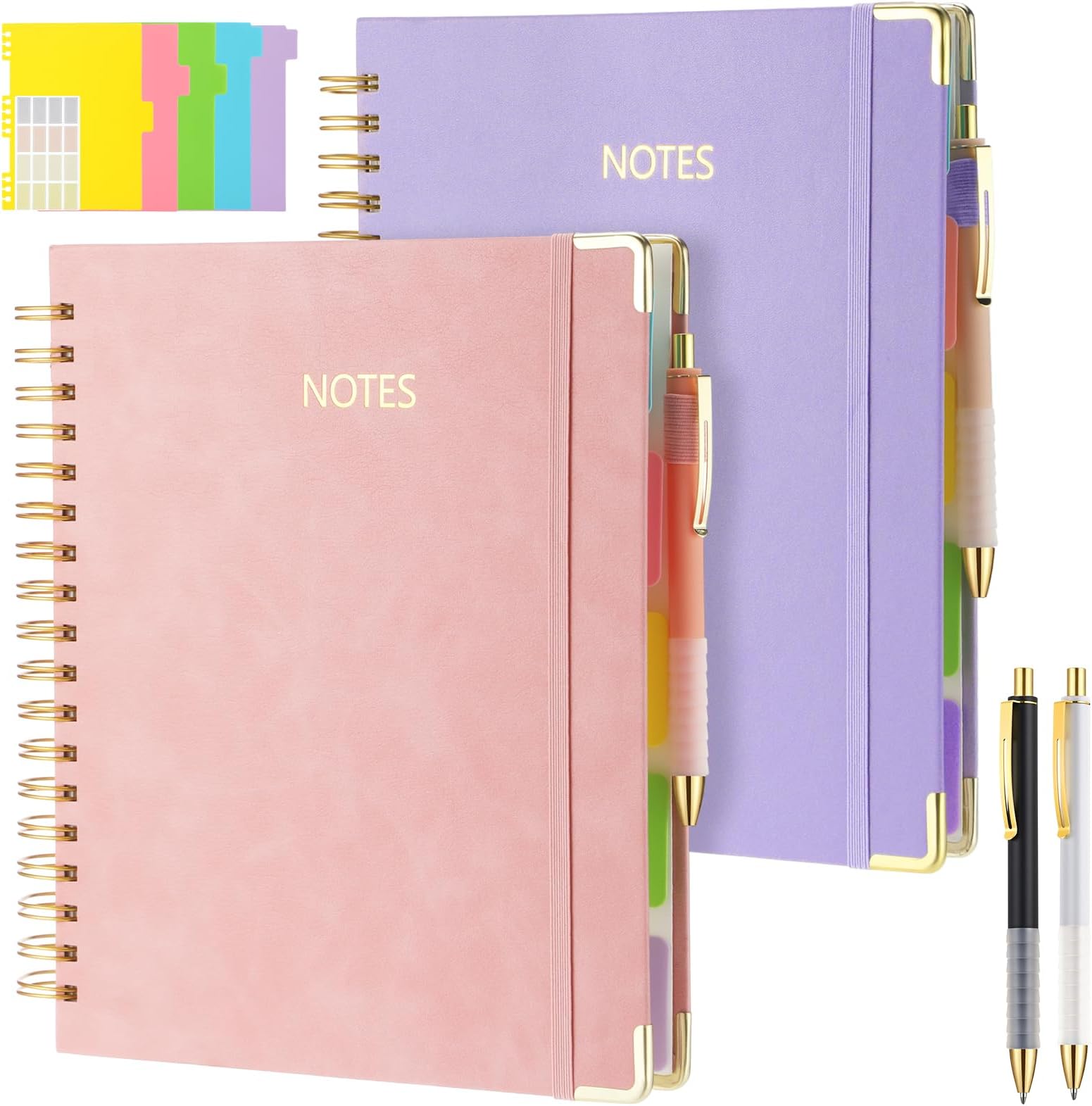 2 Pcs Hardcover Spiral Notebooks with 4 Pcs Ballpoint Pens, 300 Pages Leather 5 Subject 8 x10 Large B5 Notebook College Ruled, Removable Dividers Tabs for Work School Note Taking