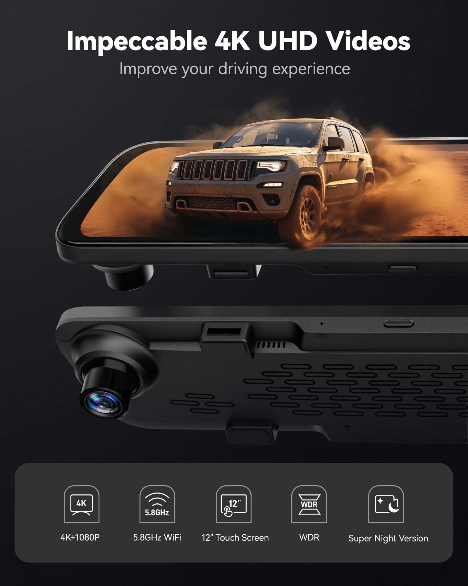 WOLFBOX Lustrzana kamera samochodowa przednia tylna 12" Full HD ekran dotykowy 2160P nagrywanie wsteczne podwójny samochód zapasowa super nocna pomoc parkowania GPS szeroki kąt 32 GB karta TF