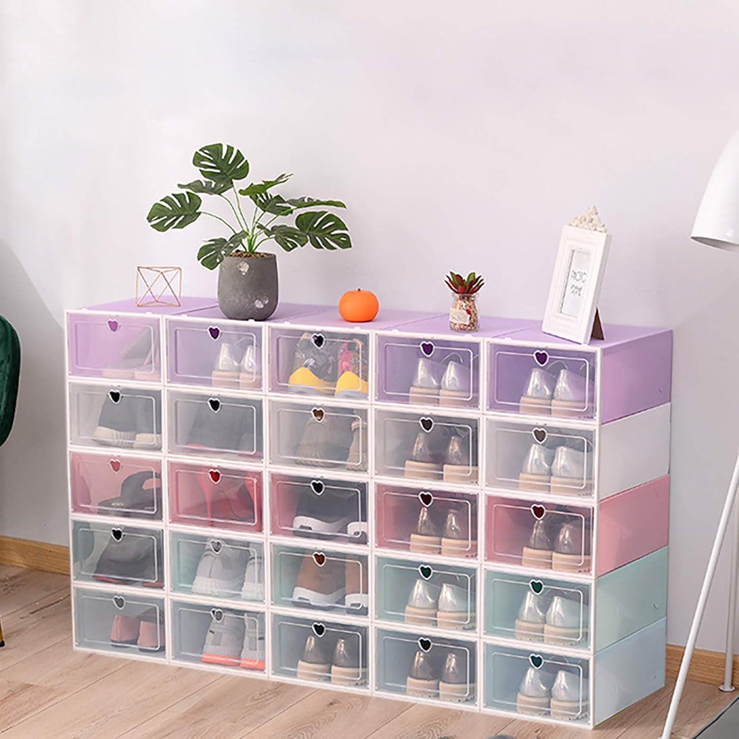 Cajas de zapatos apilables de plástico transparente y organizadores de almacenamiento plegables