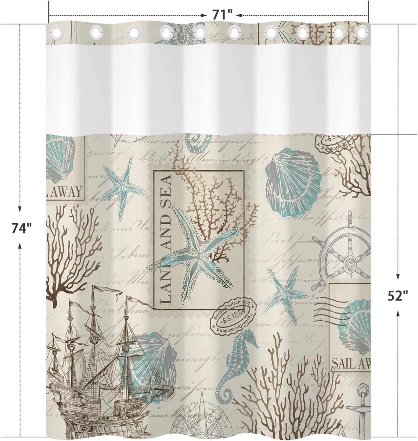 Nautical No Hook Shower Curtain with Snap in Fabric Liner Set - Vintage Sea Maritime Coral Design, Waterproof Polyester Ocean Shower Curtains for Bathroom, 71x74 Inch