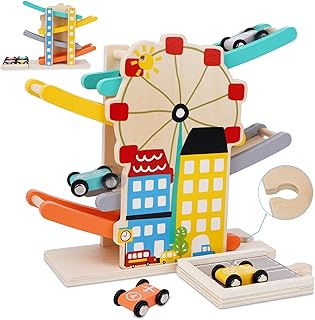 FCSONU Toddlers Montessori Toys for 1 2 Year Old Boys and Girls, Wooden Car Ramps Race Track Set with 4 Mini Cars & 4 Car Tracks & Garage, Christmas & 1st Birthday Gifts for Boys Girls Baby 1-3-2-4