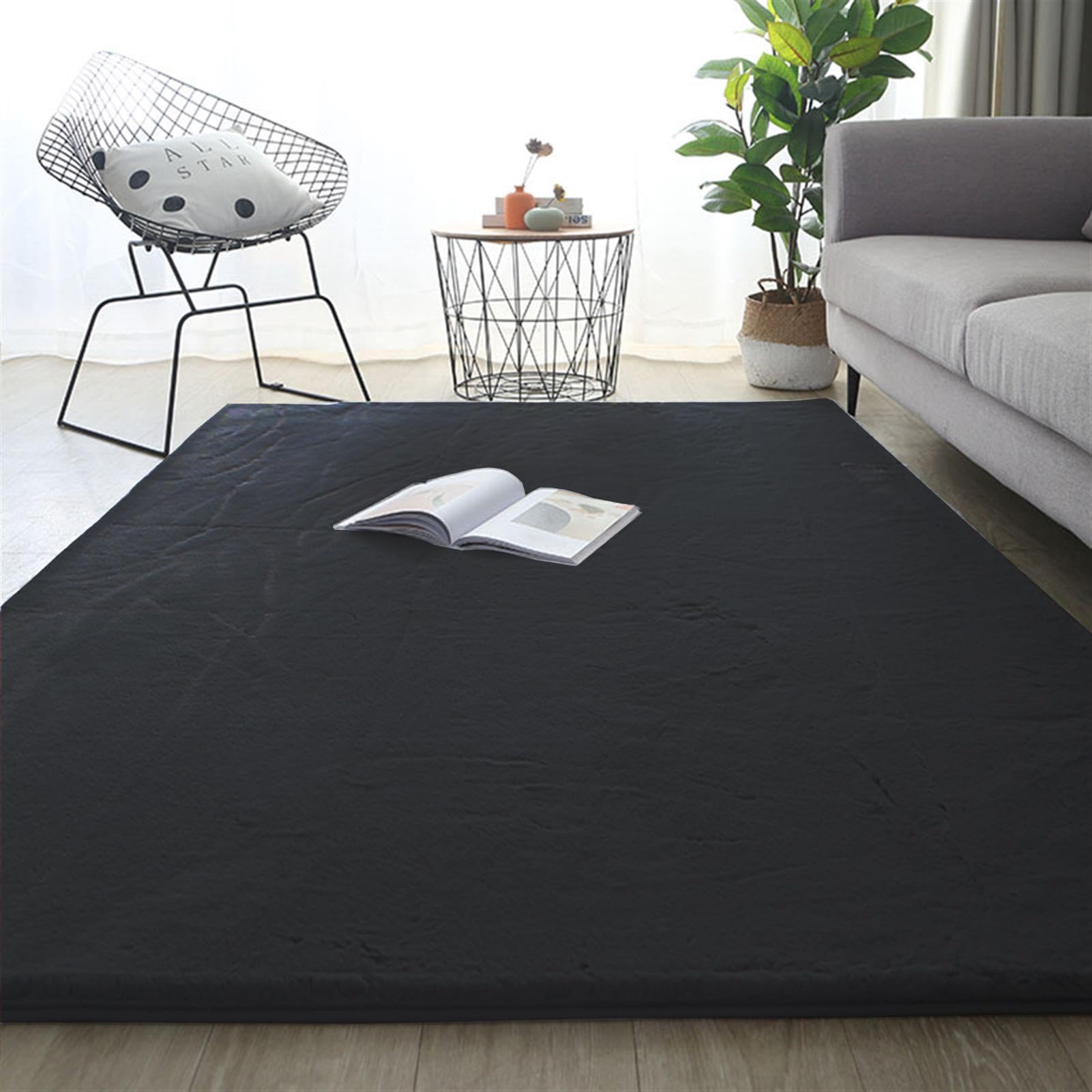 Teppiche, waschbarer Teppich, weicher Wohnztimmerteppich mit Anti-Rutsch Unterseite, Modern Kunstfell Carpet für Schlafzimmer, Esszimmer oder Kinderzimmer Deko, Dunkelgrau,Schwarz,140x200 cm