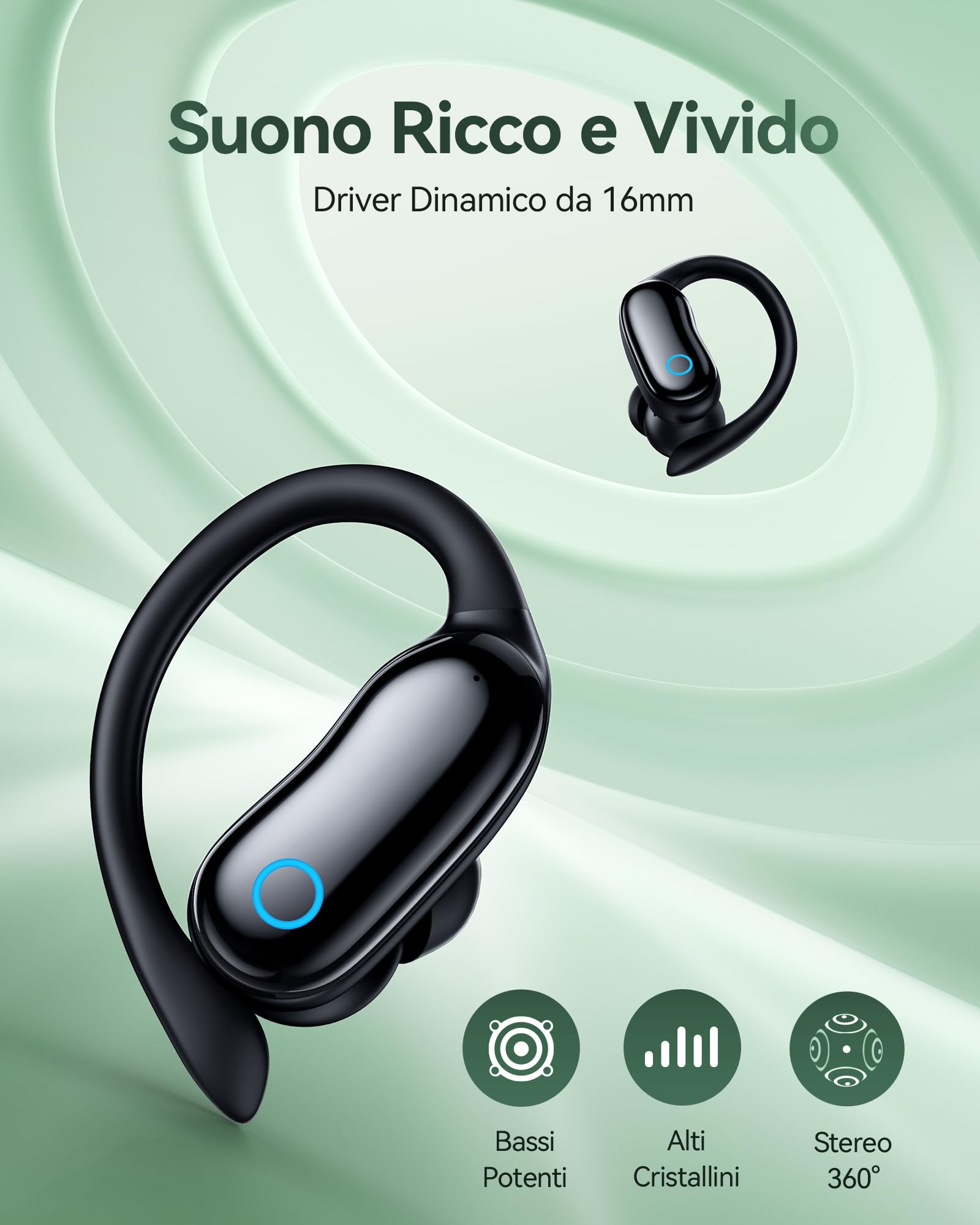 Cuffie Bluetooth Sport 5.3 con Gancio per Orecchio, ANC -30dB e Mic ENC, Auricolari 16mm Bass Stereo, 96 Ore Autonomia, IPX7 Impermeabili, Display LED – Ideali per Running e Palestra