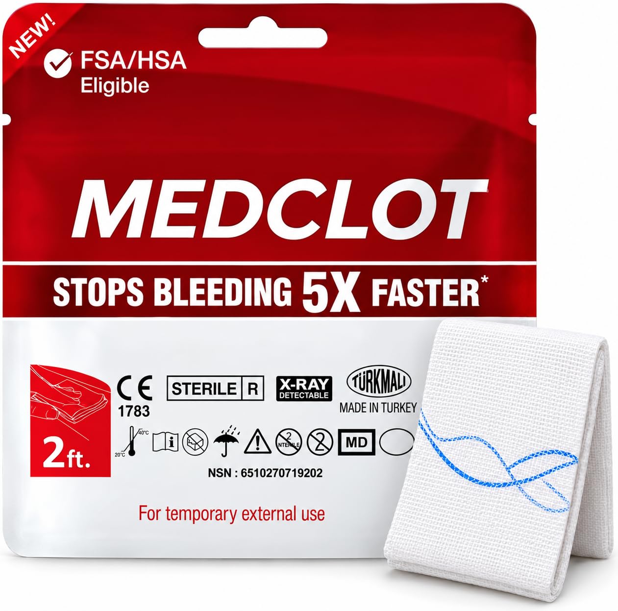 Hemostatic Gauze Bleed Stop Kaolin Blood Clotting Bandage 3inx2ft