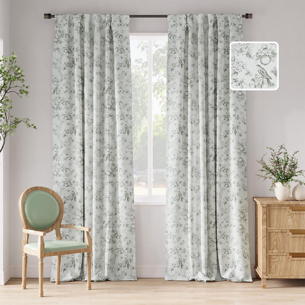 jinchan 95% Blackout Floral Curtains 96 Inches Long, Printed Flower Sage Green Blackout Curtain for Bedroom Rod Pocket Back Tab Blackout Curtains
