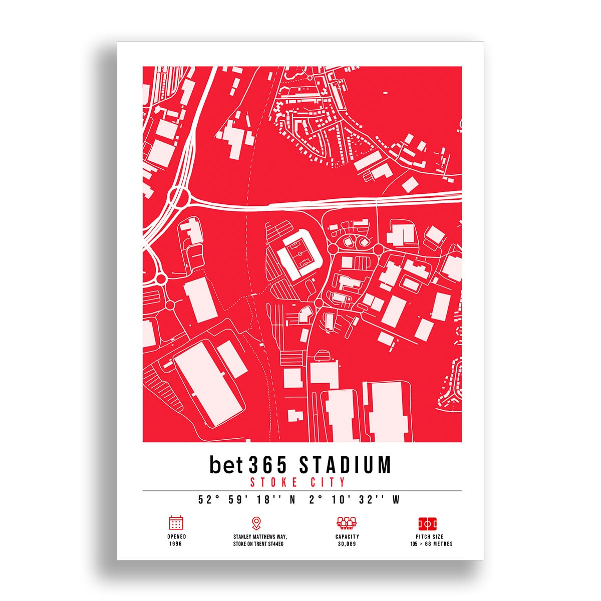 Mounted Gifts Trading A4 Poster Only Bet365 Stadium Map Minimalist A4/A3 Poster Photo Print Framed Gift Stoke City (A4 Poster Only)