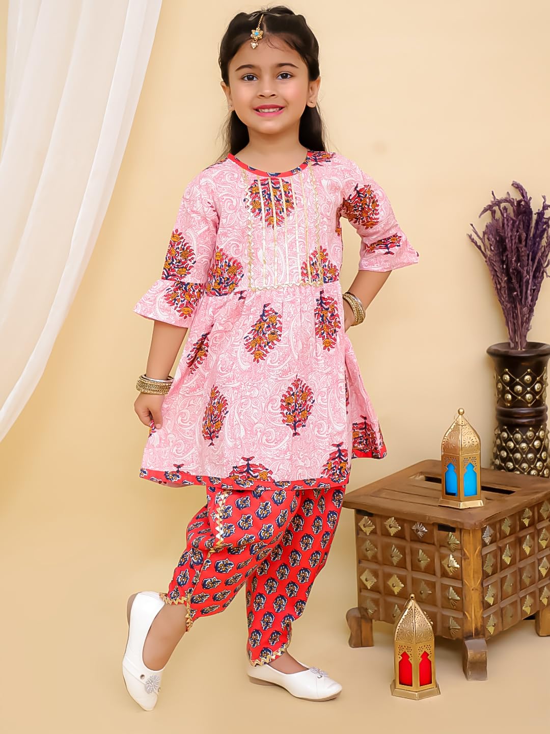 superminis Baby Girls Jaipuri Print Frock Style Kurti with Frill Sleeves and Dhoti Style Salwar with Elastic Closure Ethnic Dress (Magenta, 6-12 Months) Cotton