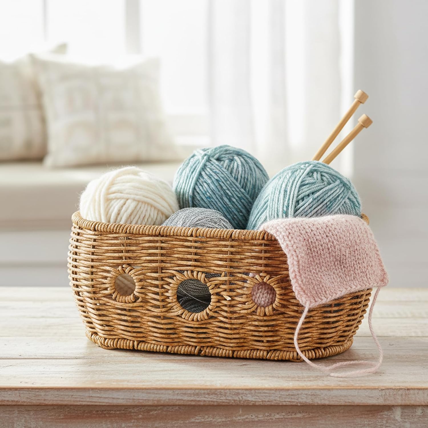 Mowhut Yarn Bowl, Yarn Holder for Crocheting, Imitation Rattan Weave Crochet Basket, Crochet Gifts for Crocheters, Sewing Storage Ogranizers, Knitting Accessories, Perforated Anti Tangle, Oval