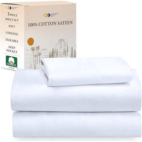 Twin Sheets Set - Natural 100% Cotton Sheets with Deep Pockets, Soft Sateen Weave, Breathable, Cooling and Durable Bedding Set for Dorm Rooms, College by California Design Den (White)