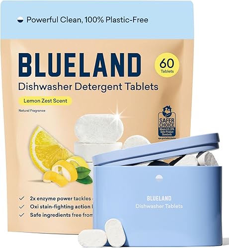 BLUELAND Tabletas de detergente para lavavajillas 100% libres de plástico, juego de iniciación, 60 unidades con lata, ralladura de limón, cápsulas