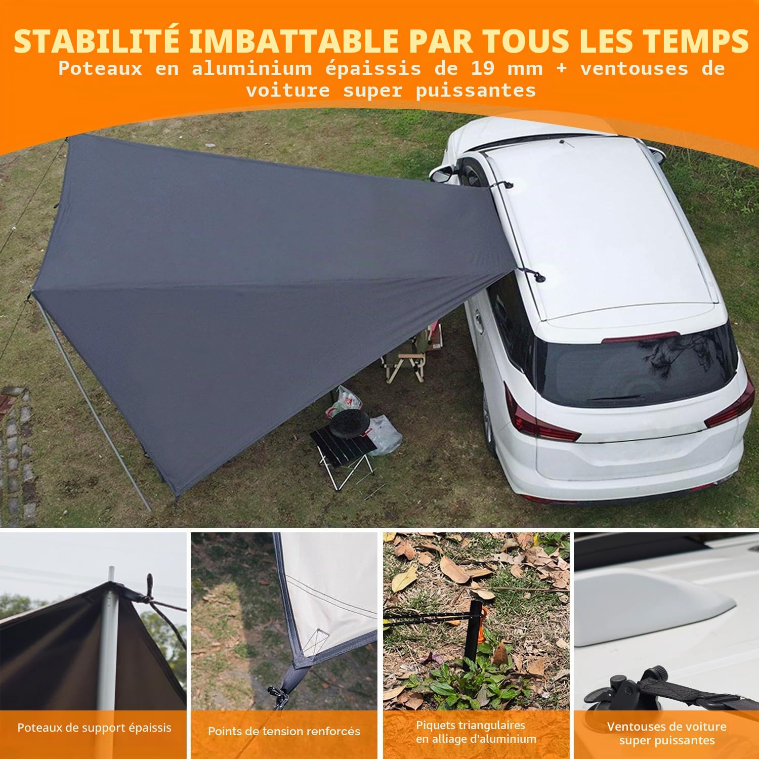Auvent Universel pour Voiture Voile d'ombrage étanche | camionnettes et camping-cars, montage par passepoil ou ventouse, gris Awning, 380 x 280 cm