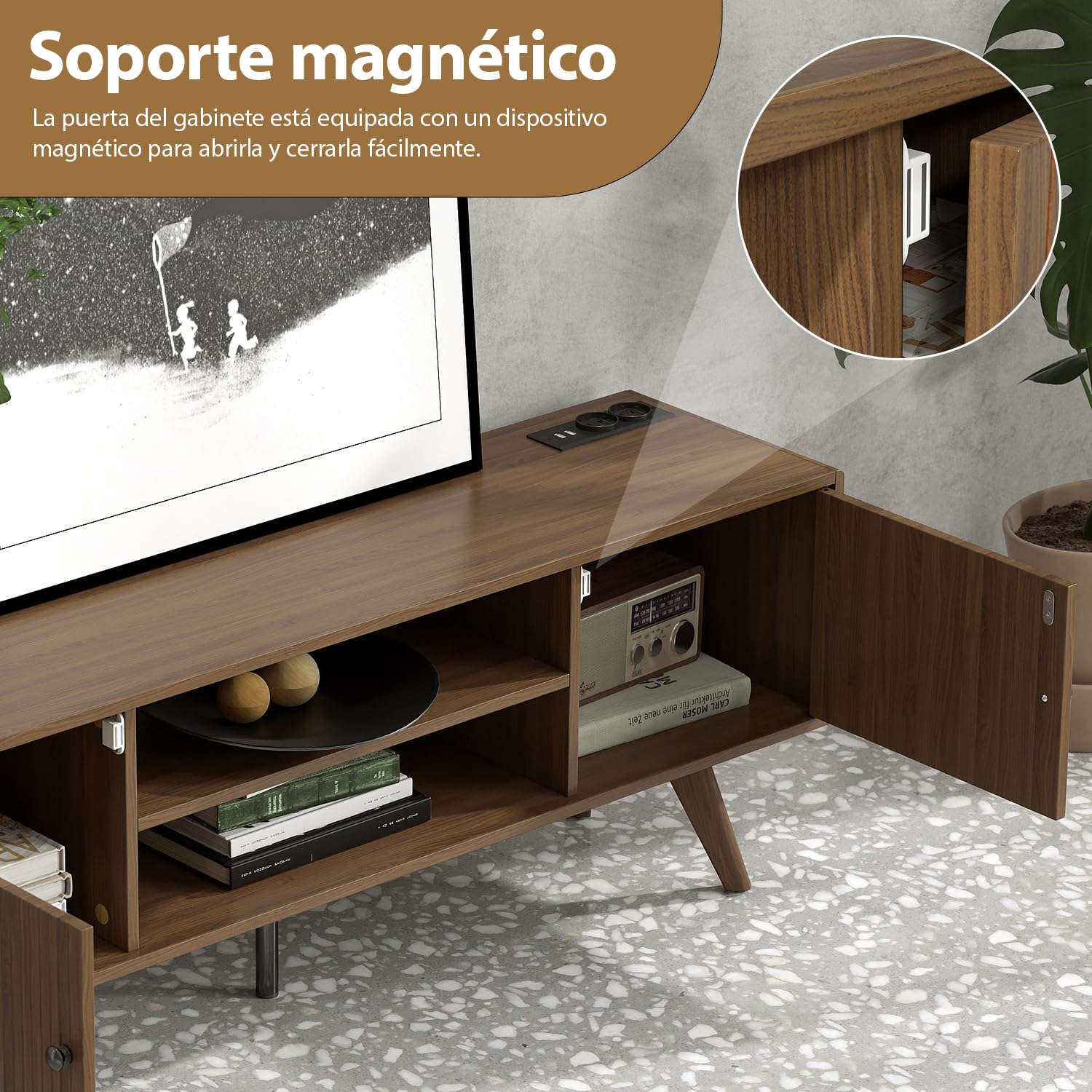 Manora Mueble de TV con Enchufe, Mesa de TV para hasta 65 Pulgadas, Mueble TV Salon con 2 Puertas y Estantes Abiertos, Mueble Television para Salon Dormitorio, 140 x 35 x 50cm, Marrón