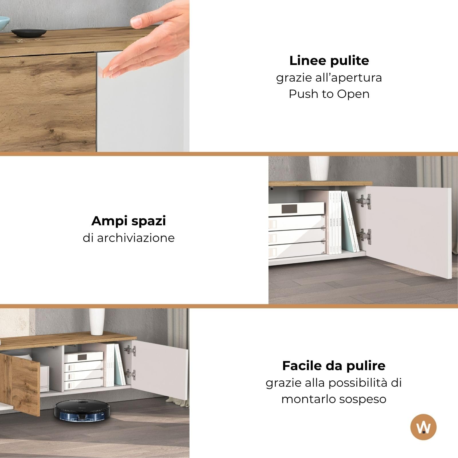 WHOUS Mobile Porta TV Sospeso ISEO per Soggiorno con 2 Ante e 1 a Ribalta, Mobile Tv a Parete per Salotto, 200x35x30 cm, Bianco Lucido e Rovere
