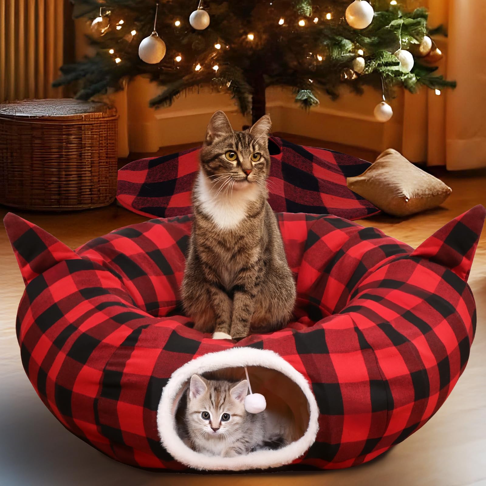 OurWarm Katzentunnel mit Weihnachtsbaumrock, Katzenbetten für Indoor-Katzen mit hängendem Ball, Büffelkariert, Weihnachtsdekorationen, Katzenhöhle für Katzen und Kleintiere, Innen- und