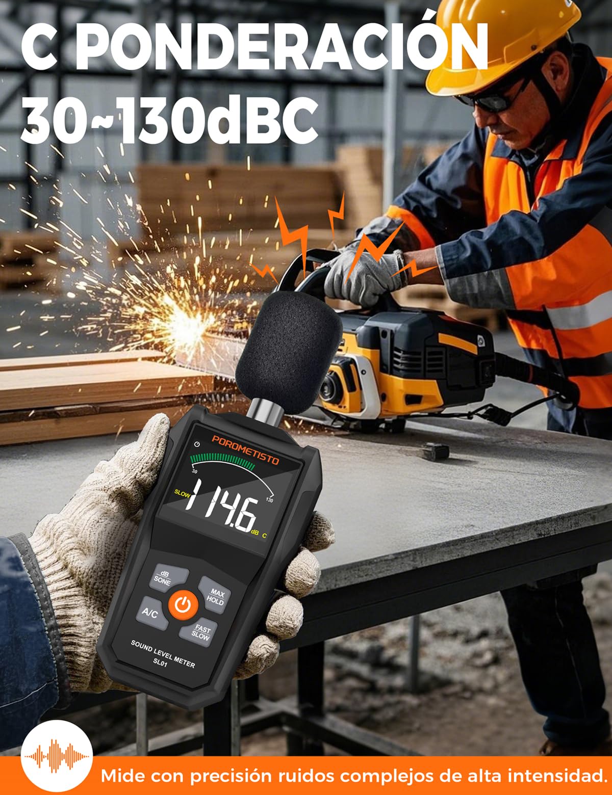 SL01 Sonometro - Medidor De Decibelios Profesional 30-130dB ±1.5dB, Pantalla LCD con Retroiluminación, Ponderación A/C, Respuesta Rápida/Lenta, para Vecinos Ruidosos, Hogar y Oficina