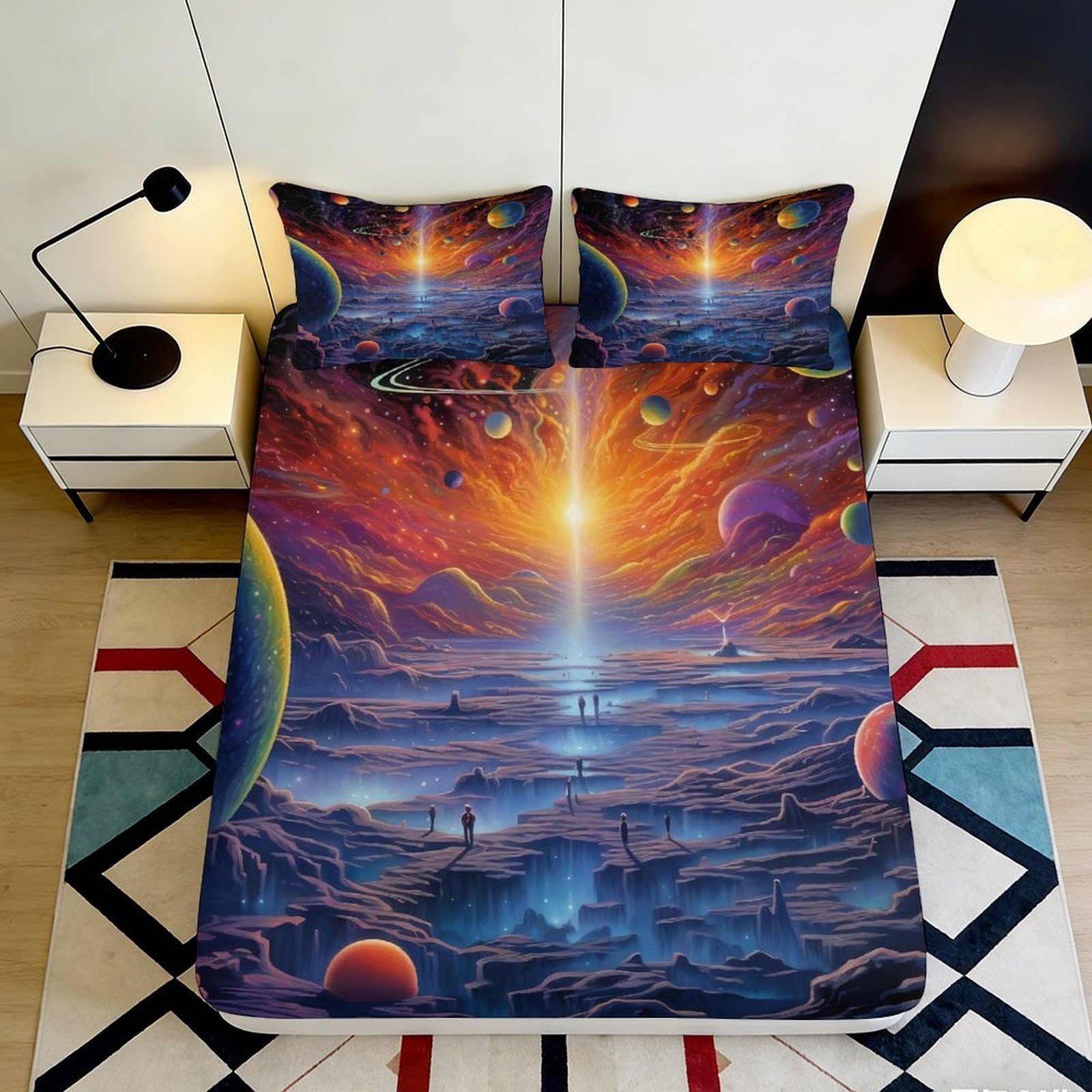 3D Printed Galaxy Sunset Fitted Sheet Microfiber Soft Breathable Cosmic Planet Mattress Cover for Bedroom Dorm Decor 90x200x25cm