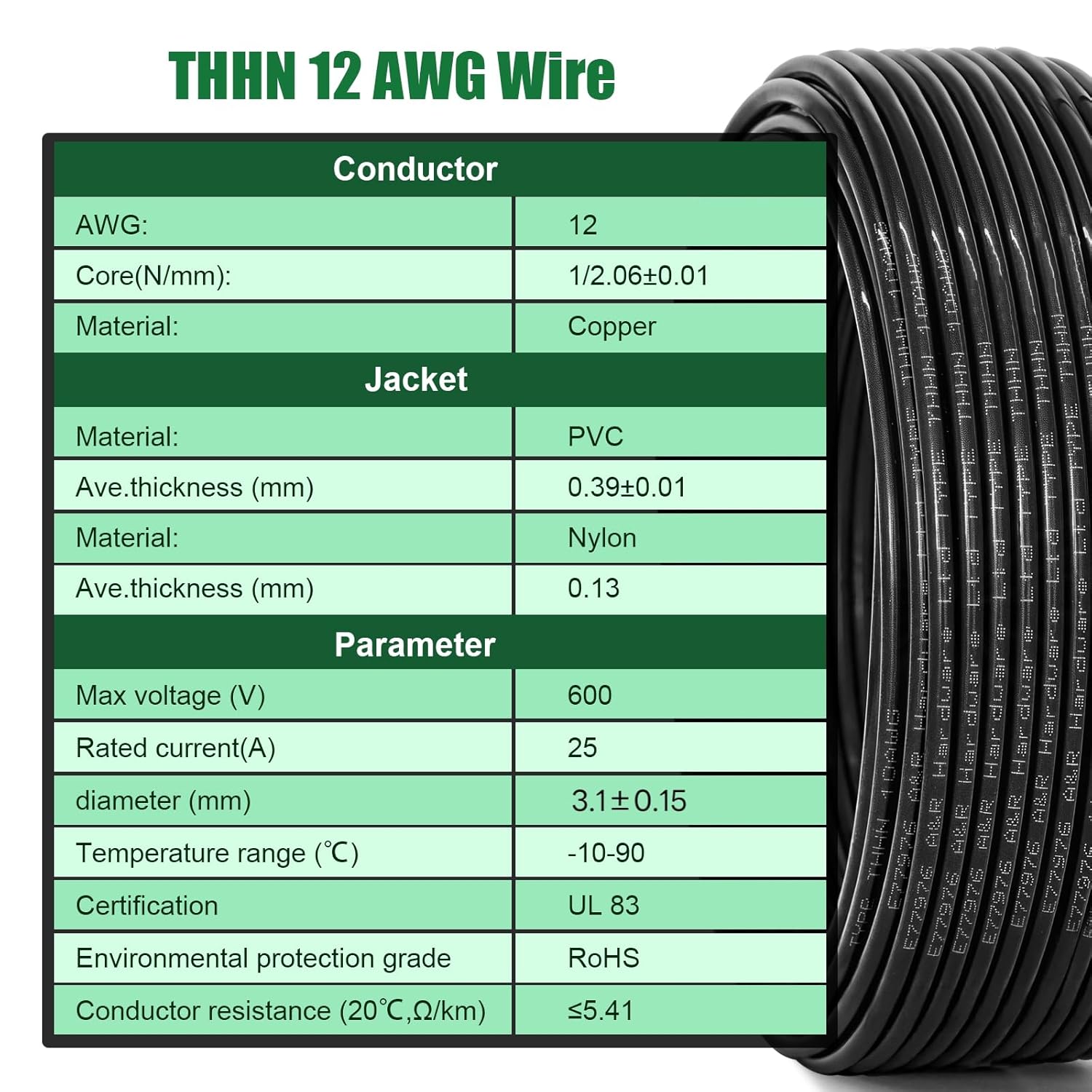 12 Gauge THHN Wire 100 FT Rated 600V OFC Cable, 12 AWG Solid Copper Wire with Nylon Jacket for Building Residential, CNC, Ground, Industrial (12 Gauge, Black)