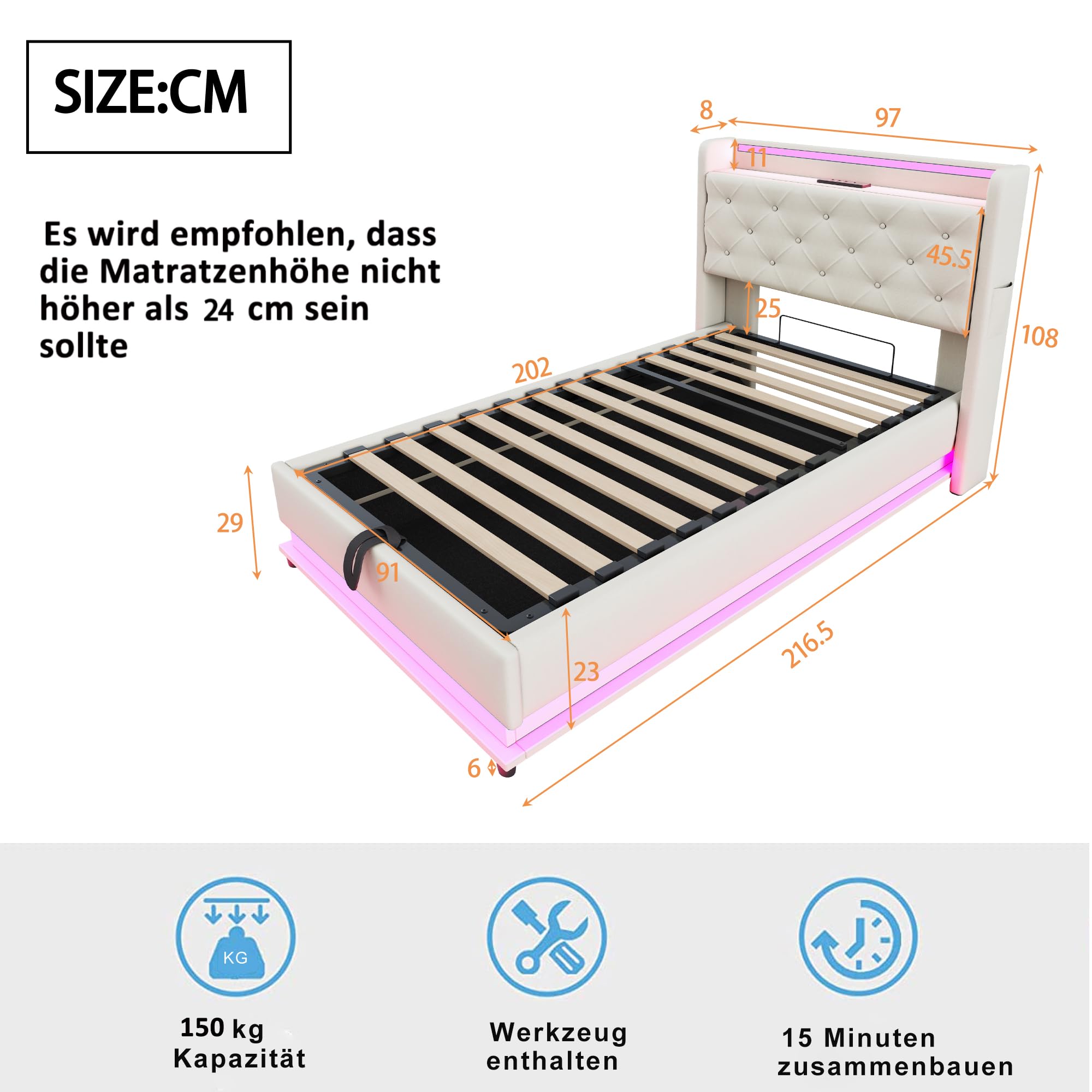 Ymkua Letto Imbottito Letto Singolo 90x200 cm, Bed contenitore con LED e USB Porta, Idraulici Bed frame per Bambini con Struttura Rete a Doghe e Testata Ribaltabile, Linen, Senza Materasso (Beige)