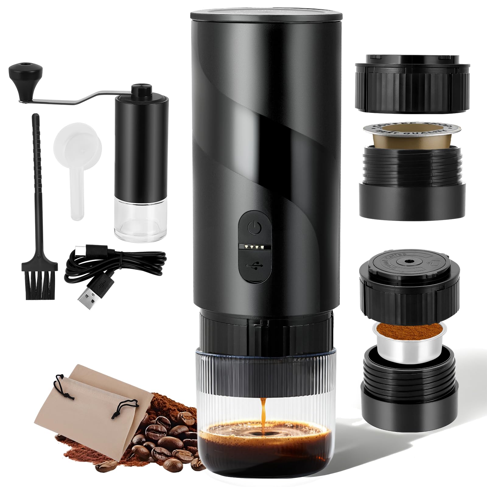 Máquina de Café 3 en 1 Portátil Compatible con 3.5 x 2.8cm Cápsulas y café molido, Cafetera Espresso Eléctrica para Camping Viaje Oficina, Calentamiento Rápido Cafetera con depósito de agua de 100ml