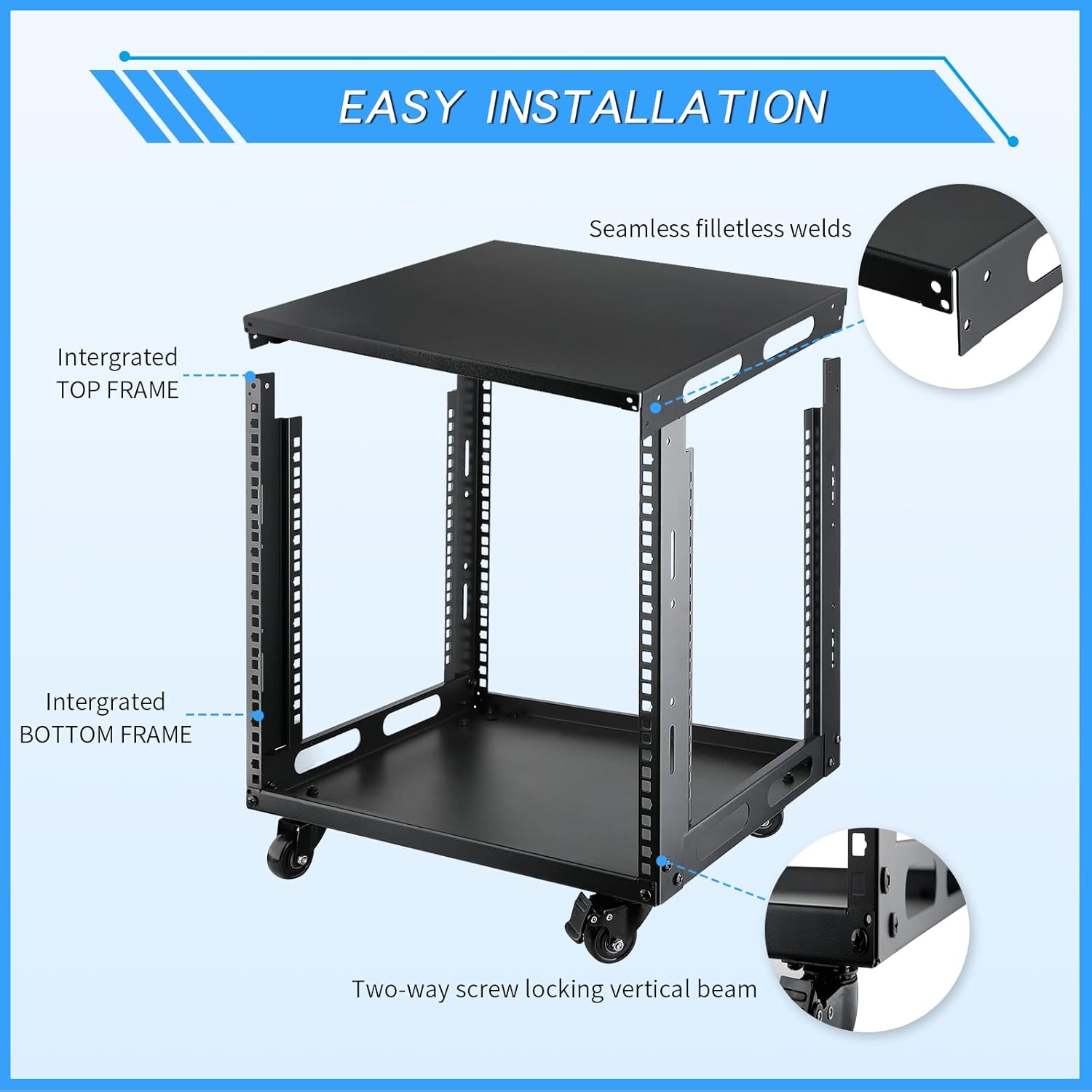 9U Open Frame Server Rack with Wheels Free Standing Network Server Rack for Servers & AV Gear Black