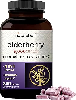 NatureBell Sambucus Elderberry Capsules, 5000mg Per Serving with Quercetin 500mg, Vitamin C and Zinc, 240 Count | European Black Elderberry Fruit Extract – 4 in 1 Immune Support Supplements
