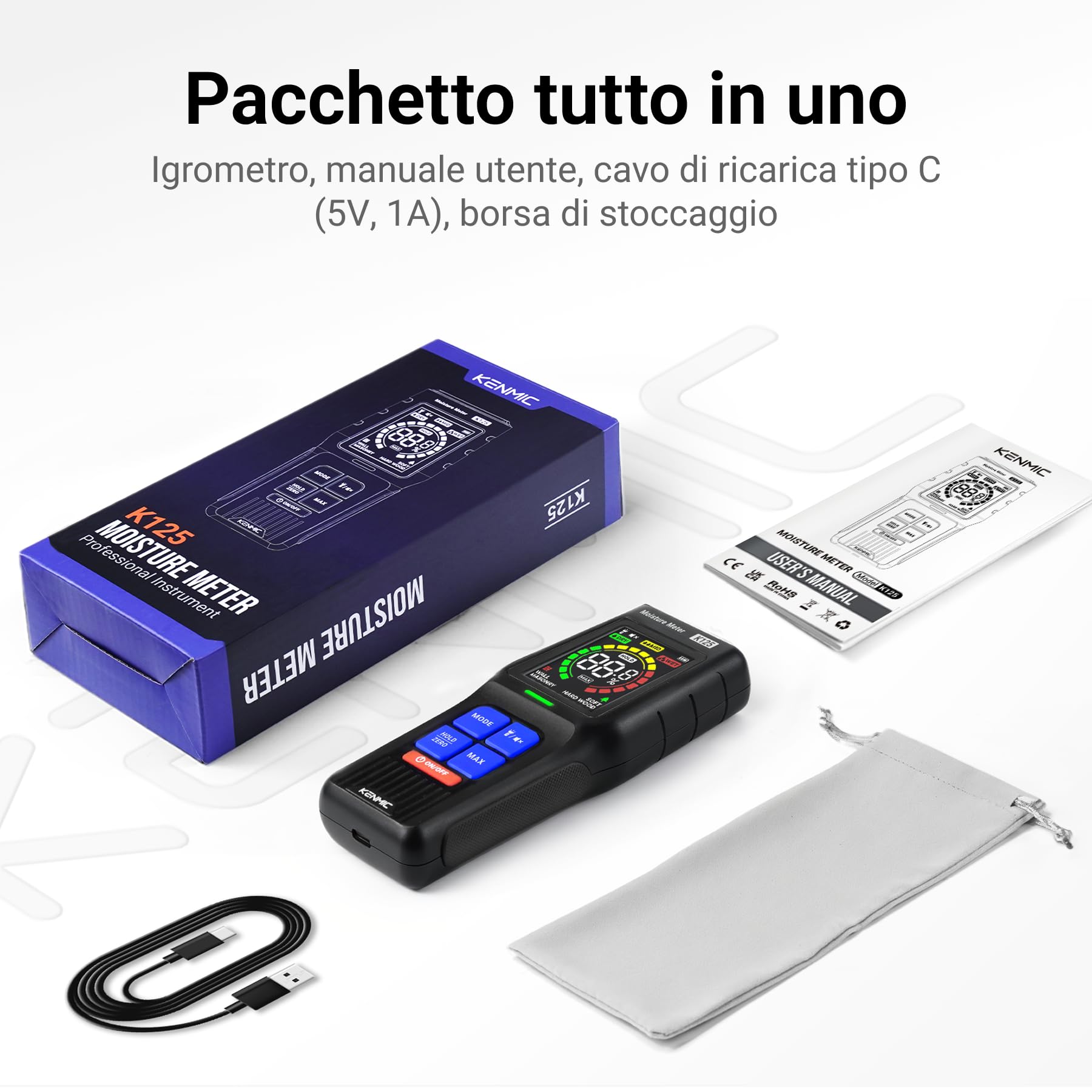 Misuratore di Umidità Senza Ago, Rilevatore di Umidità non Distruttivo per Legno, Muri e Cartongesso con Display LCD, Allarme Acustico, 4 Modalità, Profondità di Rilevamento 19 mm