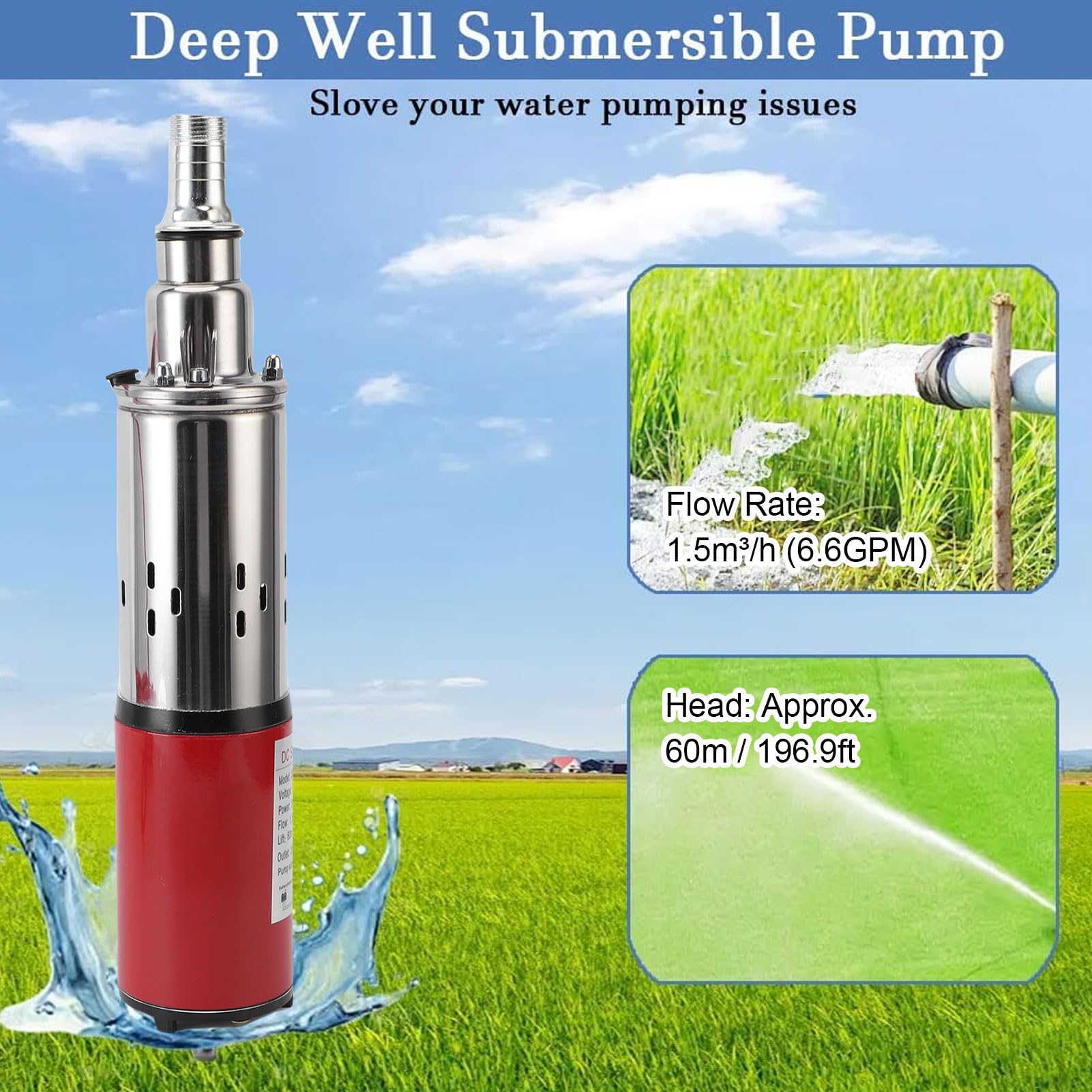 EMUKOEP Bomba de Agua de Pozo Solar de Alta Presión Sumergible de Acero Inoxidable para Riego de Tierras de Cultivo