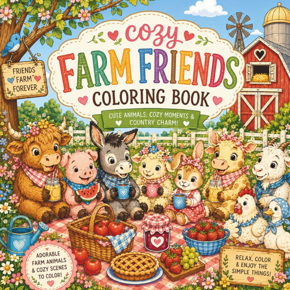 Cozy Farm Friends Coloring Book: Cute Cozy Farm Animal Coloring Pages for Adults and Teens Featuring Cottagecore Scenes, Relaxation, and Stress Relief
