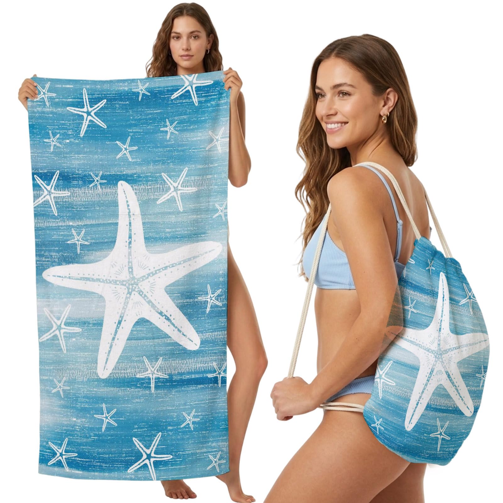 Beach Towel Bag 2 in 1 Coastal Ocean Starfish Bath Pool Towels Backpack Nautical Sky Blue Graffiti Absorbent Beach Towel Soft Quick Dry Lightweight Packable Towels Drawstring Bag for Travel Sports