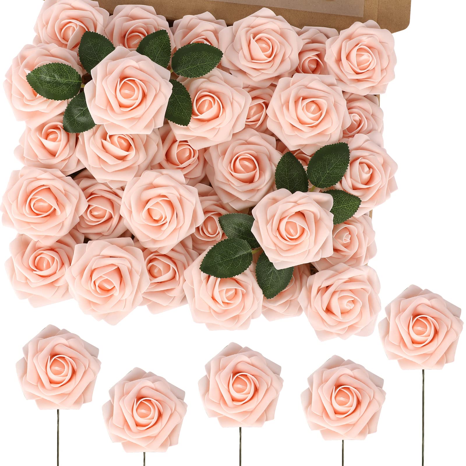 MACTING Fiori artificiali, 60 rose finte in schiuma marrone chiaro, con steli per bouquet di nozze fai da te, centrotavola per feste e feste e decorazioni per la casa