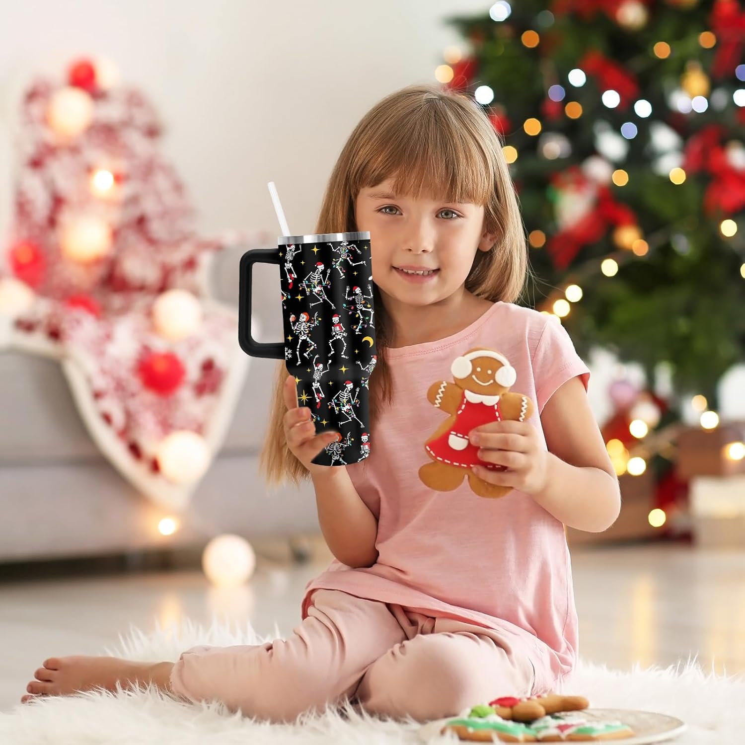 Christmas Tumbler with Handle Stainless Steel Cup 40oz Black Dancing Skeleton Tumbler with Lid Straw for Xmas Winter Home Office Travel - Image 6