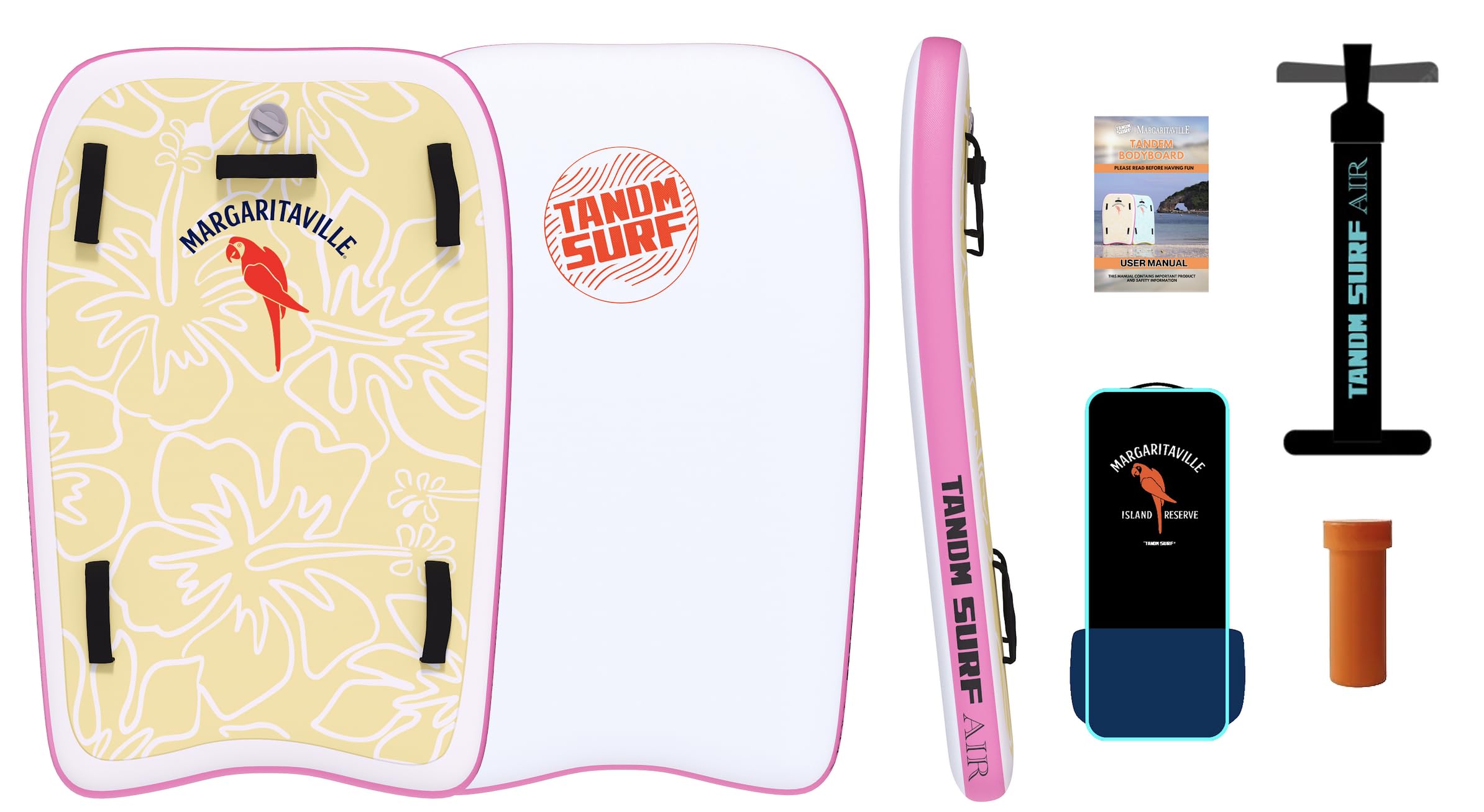 TANDM Surf Margaritaville Inflatable Tandem Bodyboard, Highly Durable Versatile - As Seen On Shark Tank – Pink Yellow, for 2 Riders - Accessories Included, Carrying Case, Pump and Maintenance Kit