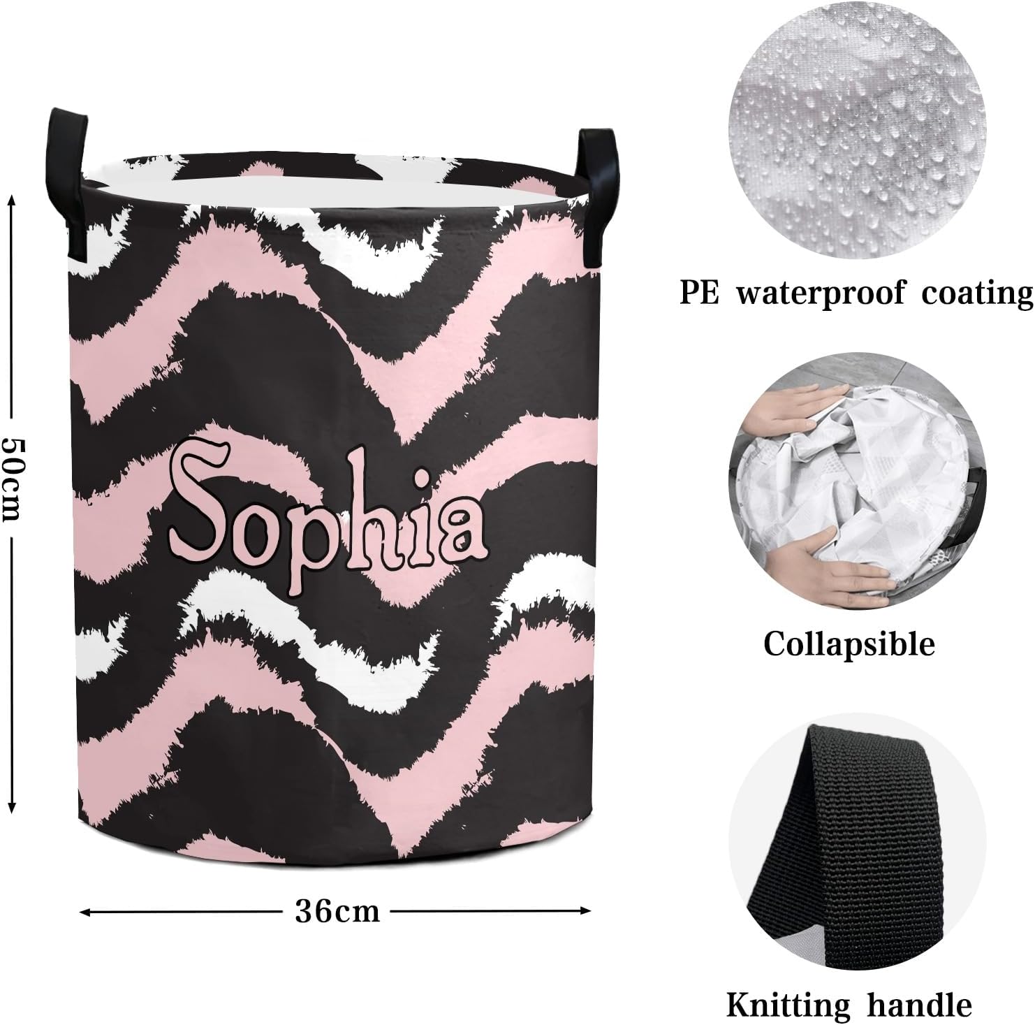 Custom Chevron Funny Black Pink Laundry Basket with Name Text Waterproof Bedroom Living Room Storage Basket