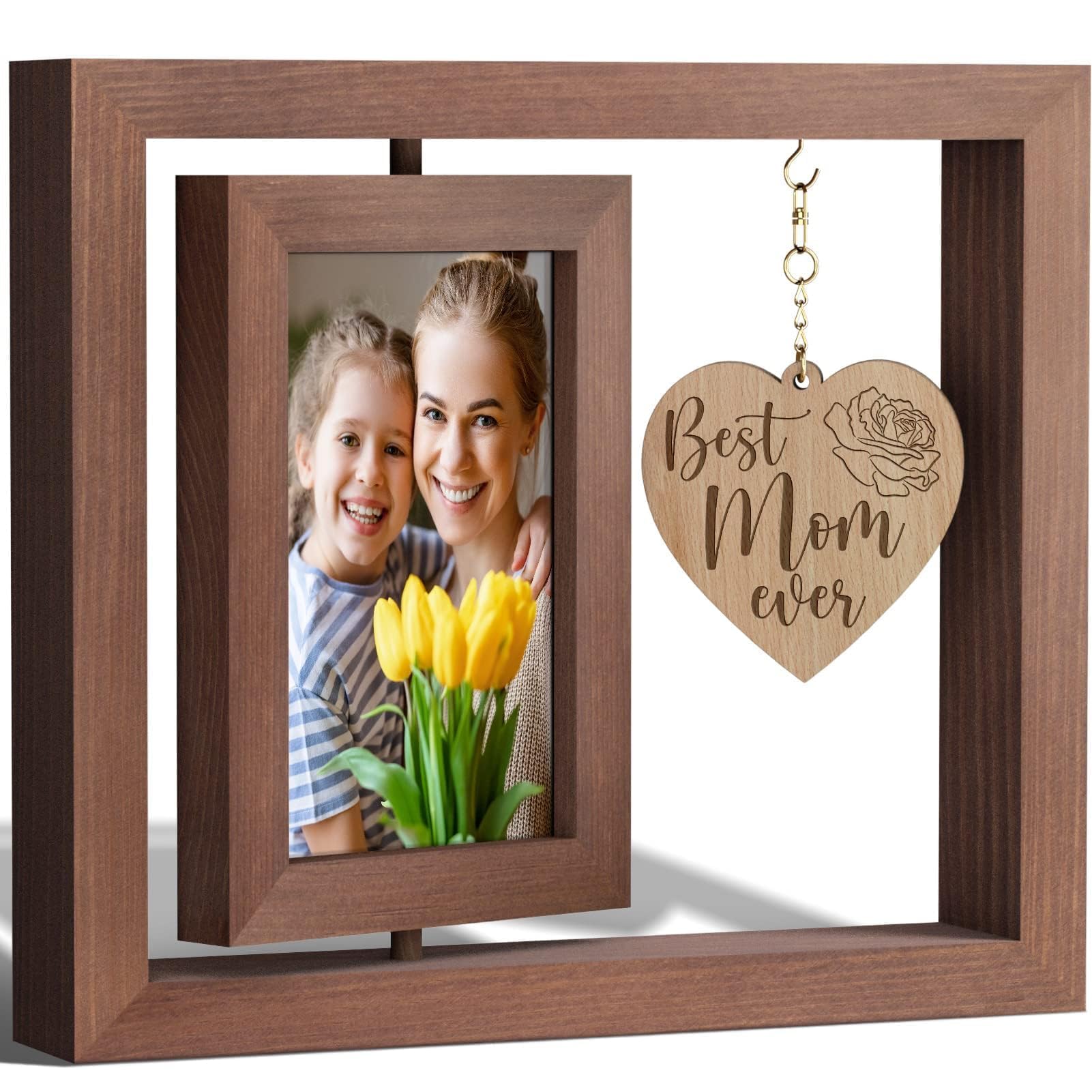 Mom Gifts Valentines Day Gifts for Mom From Daughter Son, Mother Picture Frame Double-Sided Display 4x6 Photo with Warm Heart Pendant for Mom Mother-In-Law, Mom Birthday Gifts Tabletop Picture Frame