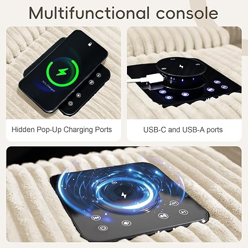 Miniatura 6 de Sofá modular de pana de 114 pulgadas con altavoces, sofás en forma de L, cómodo sofá profundo con consola, cargador USB, portavasos, almacenamiento,