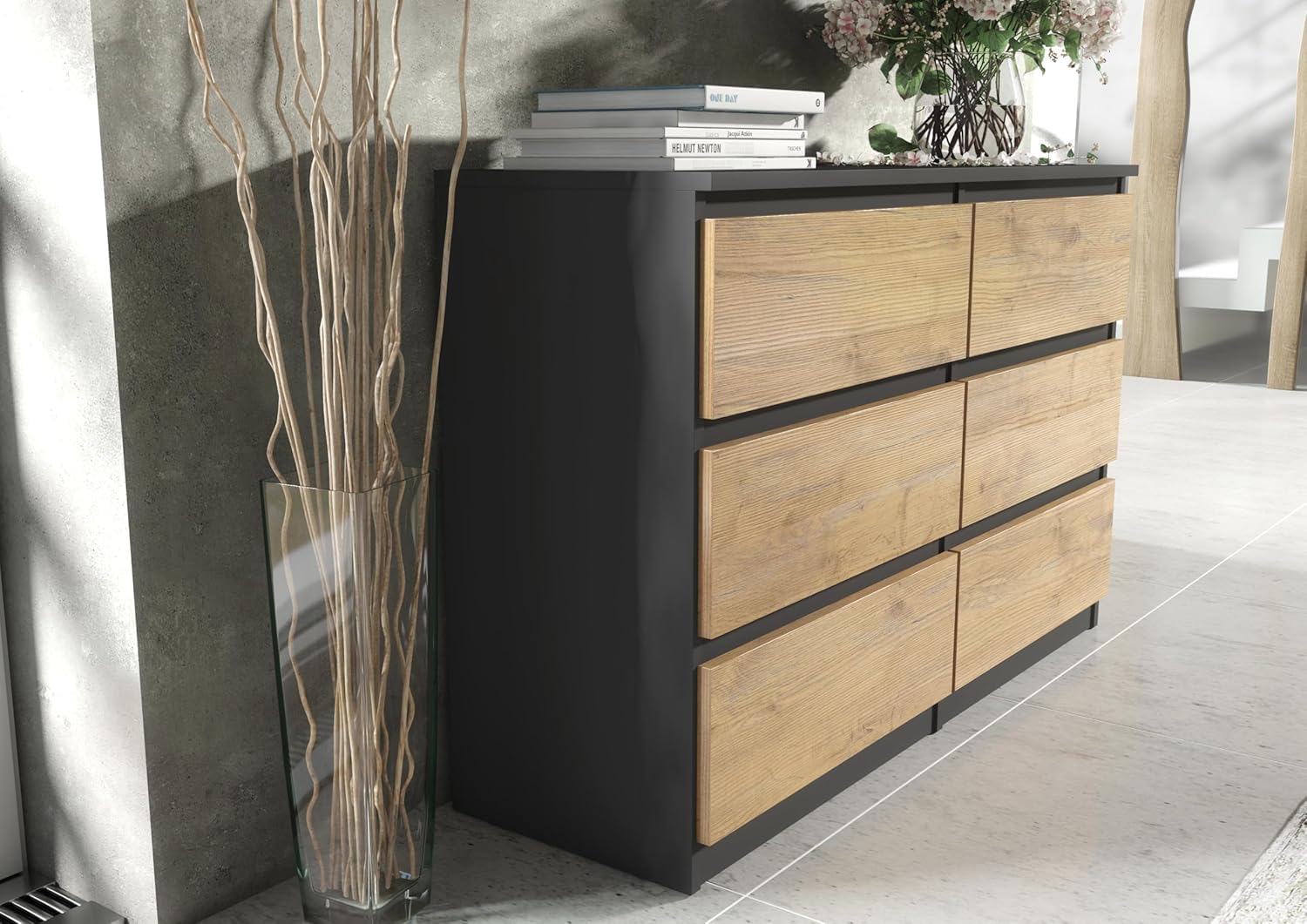 meble masztalerz Cassettiera Camera da Letto con 6 Cassetti - Credenza Soggiorno - Moderna Comò - Cassettiera Alta - Mobiletto con Cassetti - Antracite & Lancelot 138,5 x 39 x 78,5 cm