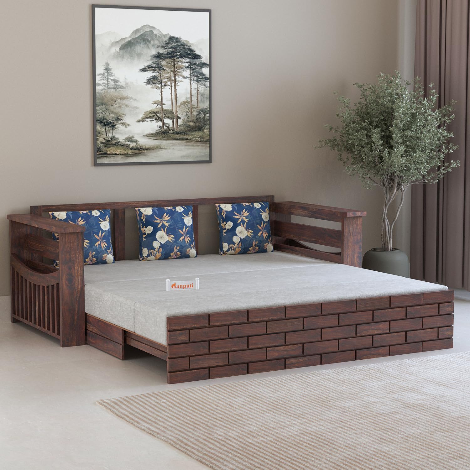 Ganpati Arts Sheesham Wood 3 Seater Italian Sofa Cum Bed with Side Pocket for Living Room Bedroom Wooden Bedroom Furniture for Home 1 Year Warranty (Walnut Finish)