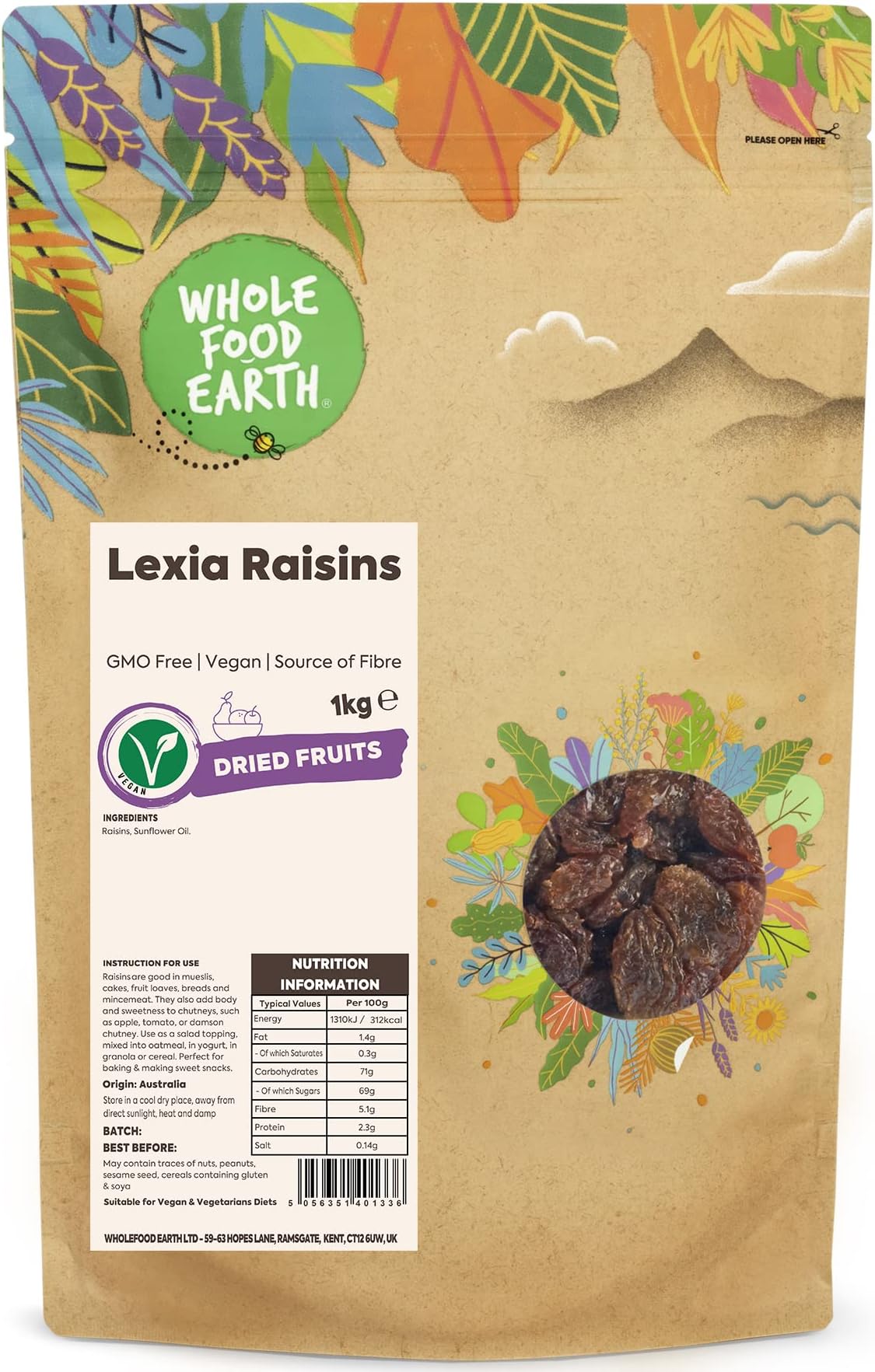 Wholefood Earth Lexia Raisins 1 kg | GMO Free | Source of Fibre