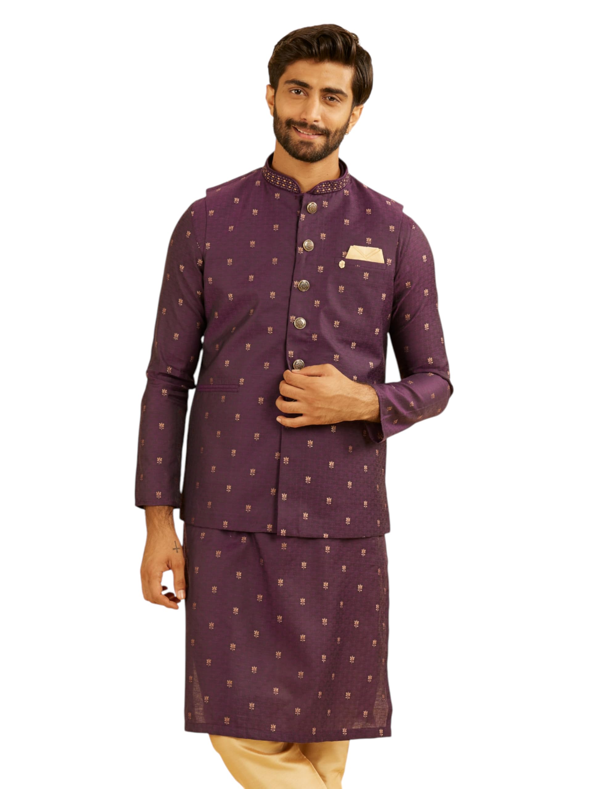 manyavar Men's Art Silk Neck Embroidery & Foil Print Nehru Jacket (1pc)-picture-14