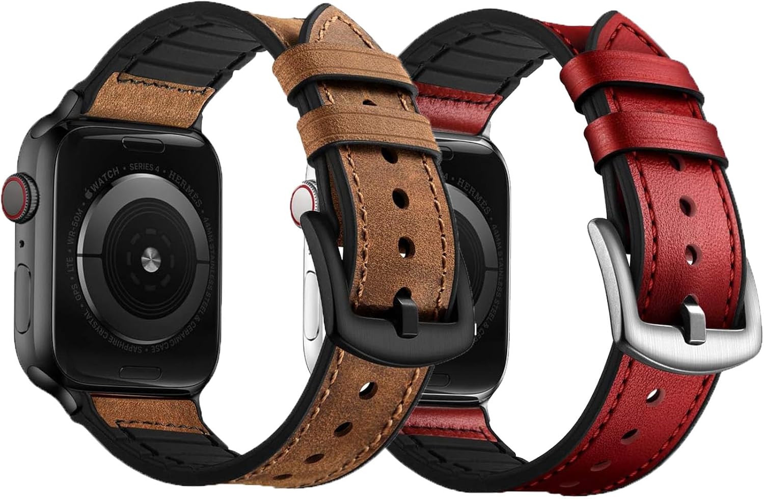 OUHENG Leather Bands Compatible with Apple Watch Band 49mm/46mm/45mm/44mm/42mm, Sweatproof Leather Rubber Hybrid Strap for iWatch Ultra 3/2/1 Series 11 10 9 8 7 6 5 4 3 2 1 SE 3/2/1, BrownBlack/Red