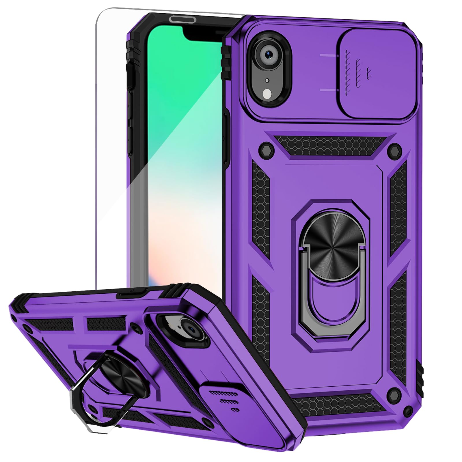 for iPhone XR Phone Case, with Screen Protectors and Camera Cover, Military Grade Shockproof Cover with Magnetic Rotatable Ring Kickstand Protective Case for iPhone XR 6.1'',Purple
