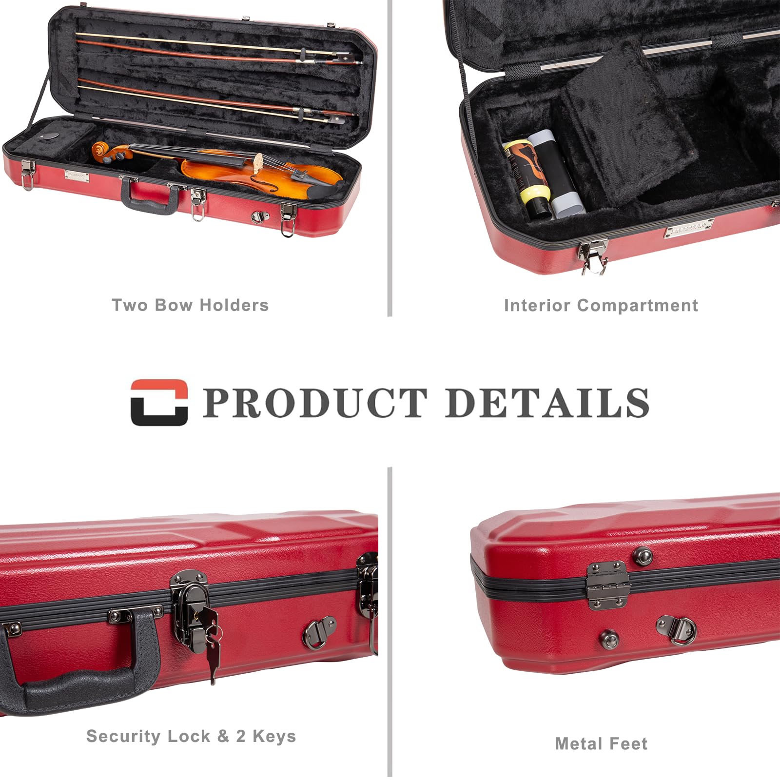 Crossrock Custodia per violino 4/4 in ABS, forma rettangolare, con guscio rosso antigraffio, interno in velluto bordeaux, cinghie per zaino, custodia rigida leggera per uso quotidiano, Rosso, 4/4