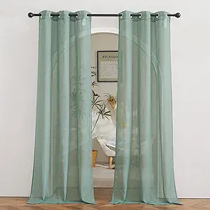NICETOWN Linen Sheer Curtains Flax Textured for Living Room, Grommet Semi Sheer Vertical Drapes Privacy with Light Filter for Home Office/Farm House, W36 x L84, Olive Green, 1 Pair