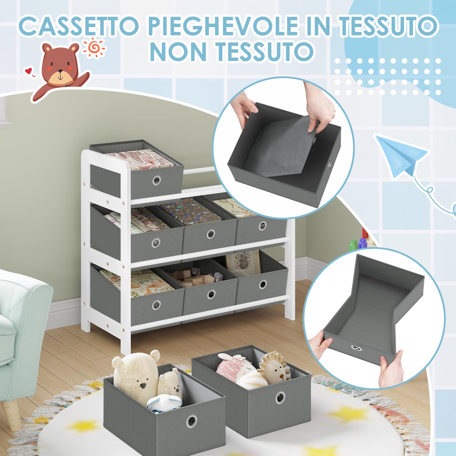 Lestarain Contenitore per Giocattoli con 9 Scatole Rimovibili, Scaffale per Bambini Organizzatore di Giocattoli, Libreria Montessoriana, Bianco+Grigio
