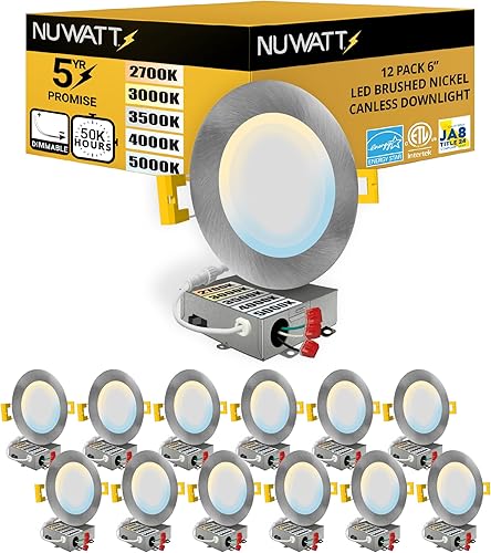 NUWATT Paquete de 12 luces LED empotrables ultrafinas de 6 pulgadas, seleccionables 2700 K/3000 K/3500 K/4000 K/5000 K, alto brillo, 1050 lúmenes,