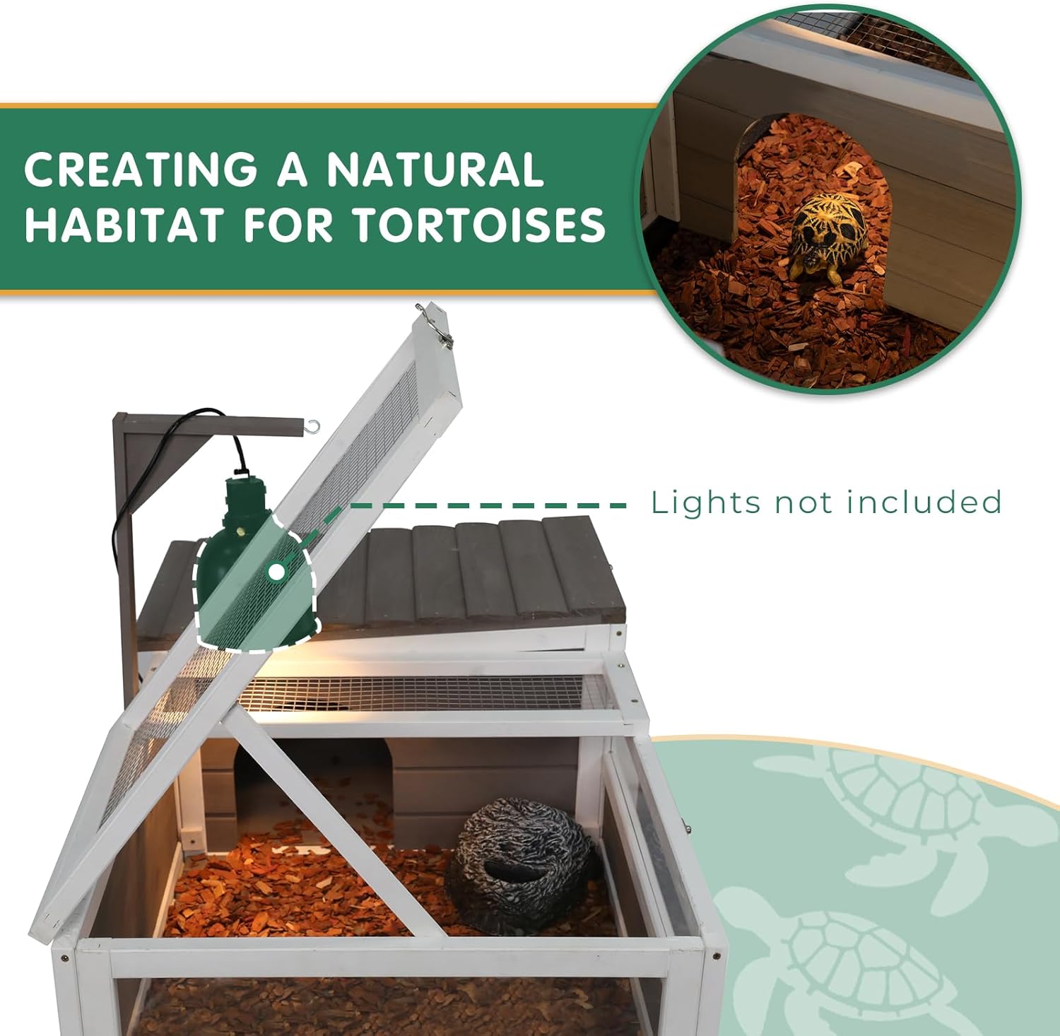 Tortoise Habitat Tank Indoor Outdoor, Wooden Tortoise House with Detachable Legs, 2-Room Reptile Turtle Enclosure Cage for Small Animals, Lamp Holder,Leakproof Tray, Grey